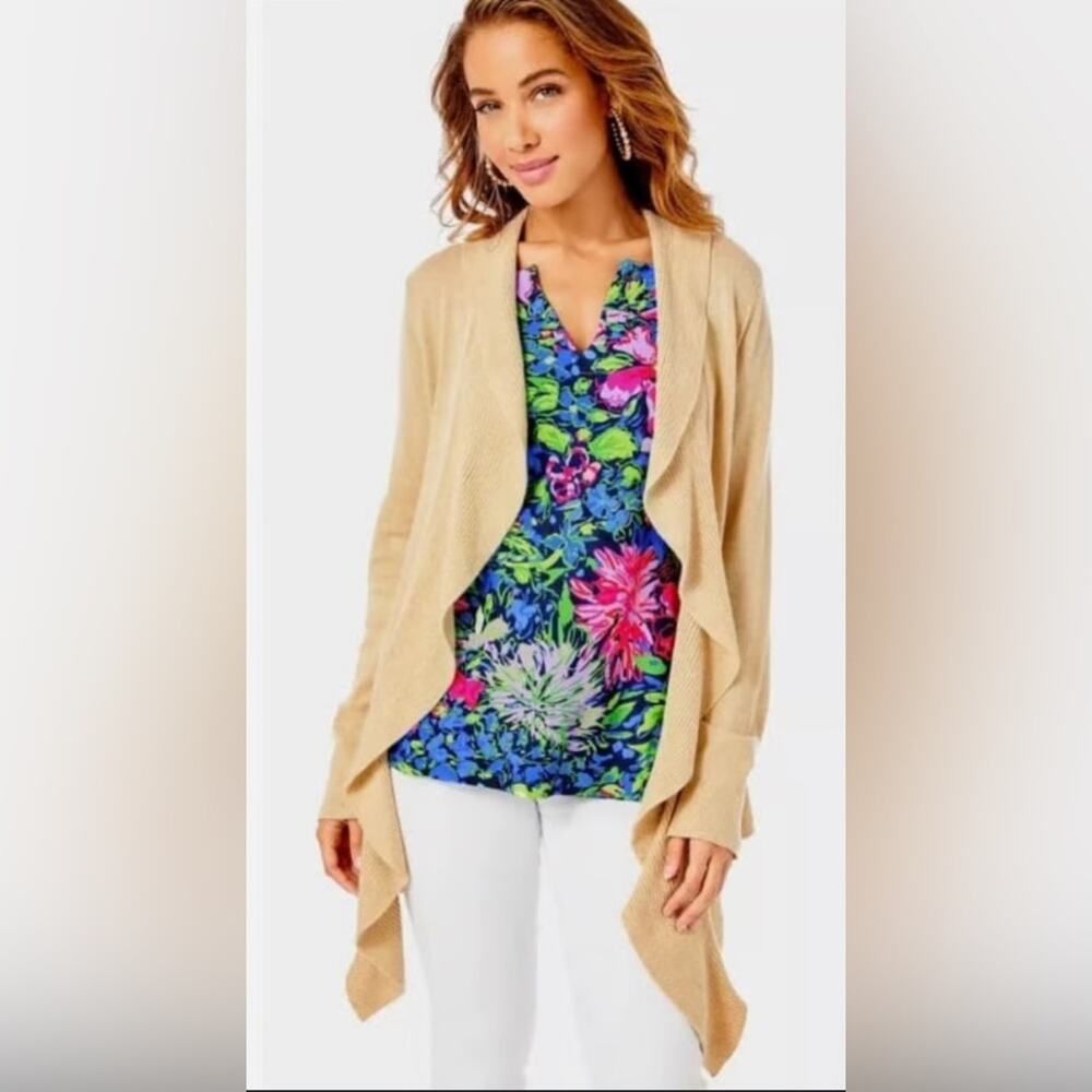 Lilly Pulitzer Abelle Cardigan Women Small Tan Gold‎ NWT Metallic Draped Front